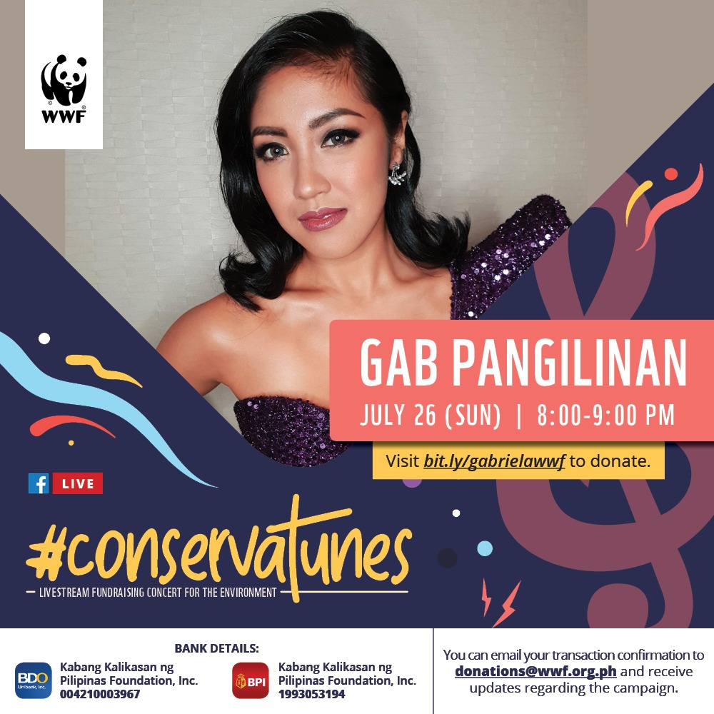 <h1>#Conservatunes: Gab Pangilinan</h1><p>Gabriela Pangilinan has participated in productions of BBX, Atlantis Theatrical, Full House Theater, PETA. She’s also been involved in cameos on television, digital ads, and films. 
Gabriela Pangilinan’s WWF #Conservatunes concert was on July 26 at 8:00 pm, live on Facebook. She was able to help WWF Philippines provide food assistance to 278 Butanding Interaction Officers and their families in Donsol.
</p>
<p style="text-align: right;"><a href="https://support.wwf.org.ph/conservatunes-gab-pangilinan/" target="_blank" rel="noopener noreferrer">Read More &gt;</a></p>
