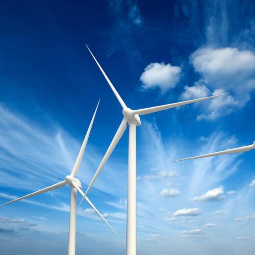 Renewable energy stock image of wind turbines.