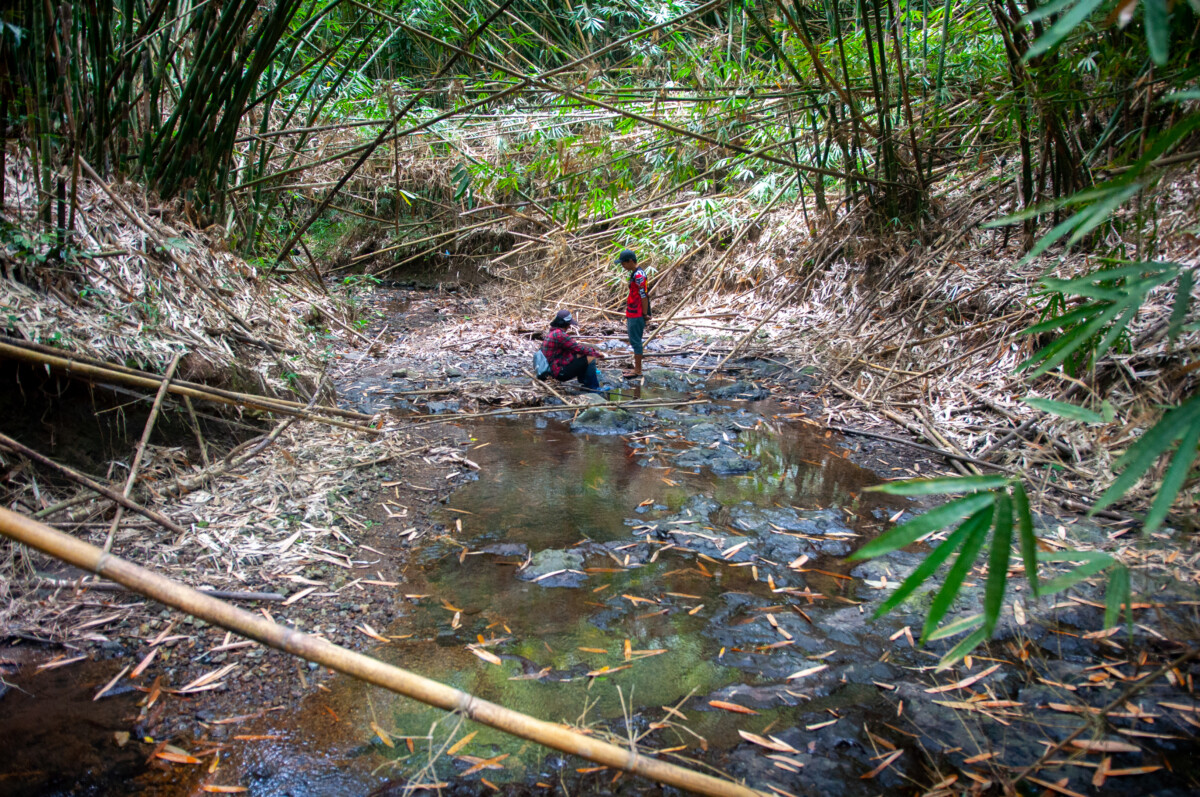 The image shows a shallow water canal surrounded by tall bamboo trees. A forest ranger from the Dumagat tribe is standing in front of another ranger sitting on the ground.